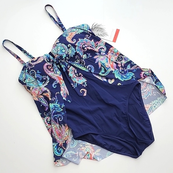 NWT CHRISTINA Medallion Navy Paisley Flyaway Bandeau One Piece Hip Minimize Sz 8 - Picture 8 of 16